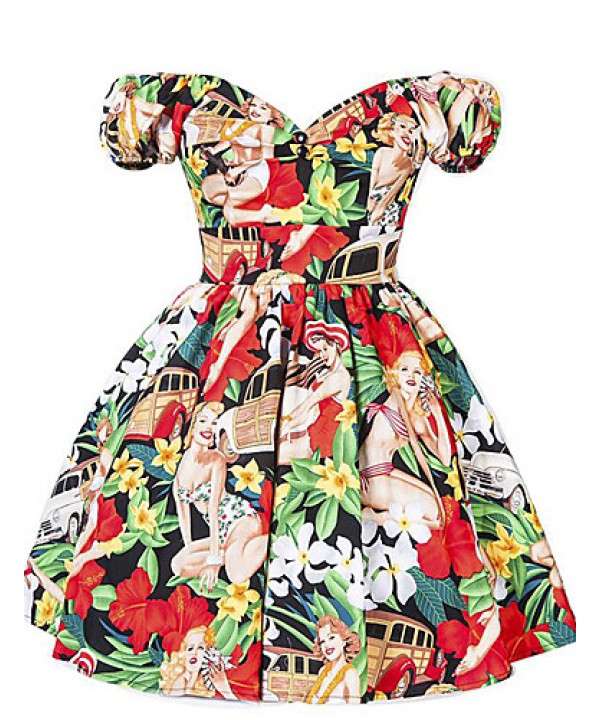 Women's Going out Vintage A Line Dress,Print Square Neck Above Knee Short Sleeve Pink / Red / Black / Green Polyester Summer