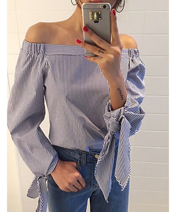 Women's Casual/Daily Sexy / Street chic Summer Blouse,Striped Boat Neck Long Sleeve Blue Cotton Thin