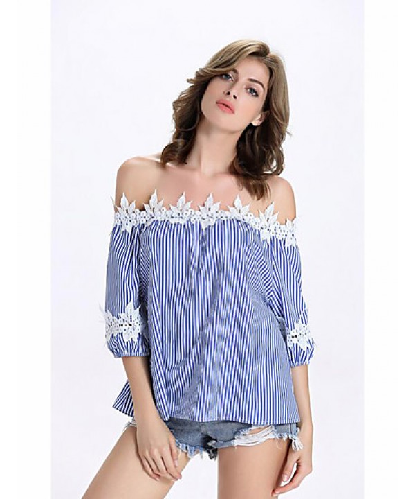 Women's Casual/Daily Street chic Summer T-shirt,Striped Boat Neck ? Sleeve Blue Nylon Medium