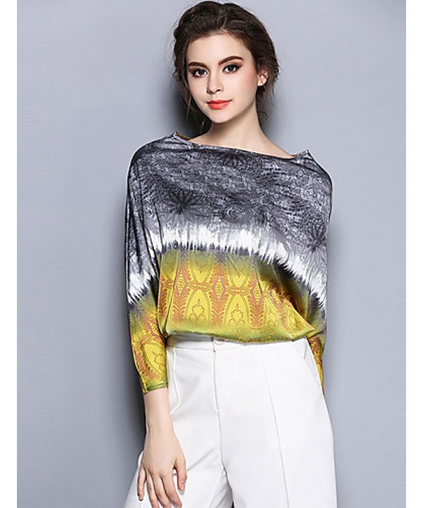 Women's Formal Simple / Sophisticated Summer Blouse,Print Boat Neck Long Sleeve Yellow Silk Thin