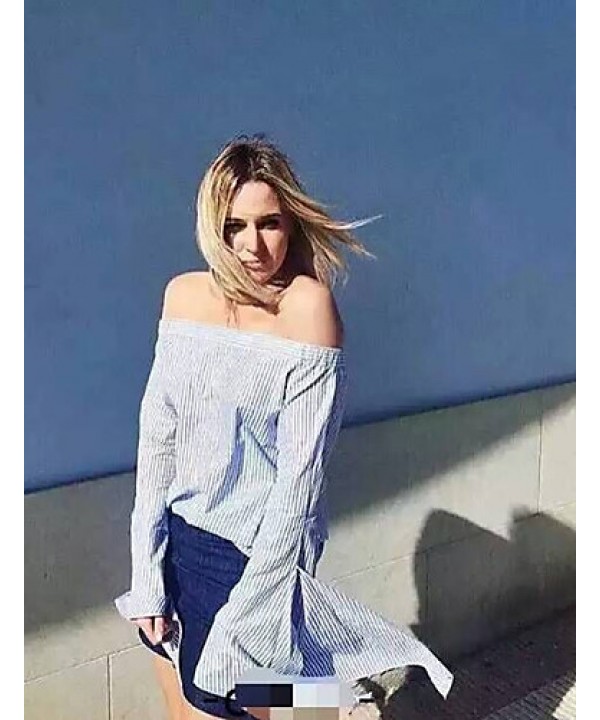 Women's Casual/Daily Sexy / Street chic Spring Blouse,Striped Boat Neck Long Sleeve Blue / White Polyester Thin