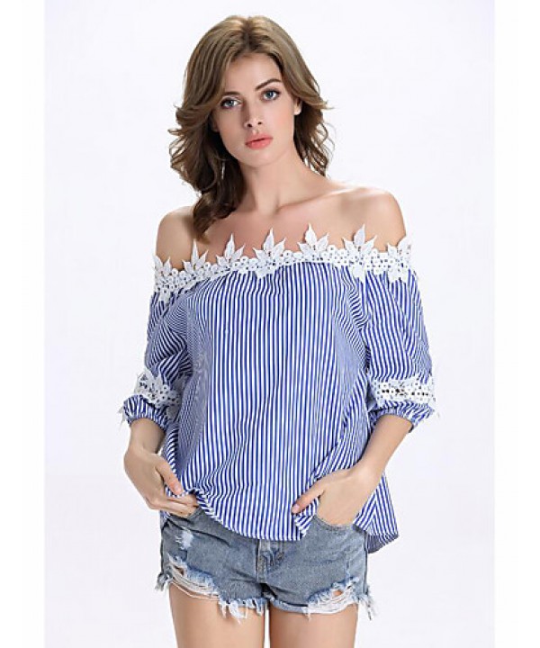 Women's Casual/Daily Street chic Summer T-shirt,Striped Boat Neck ? Sleeve Blue Nylon Medium