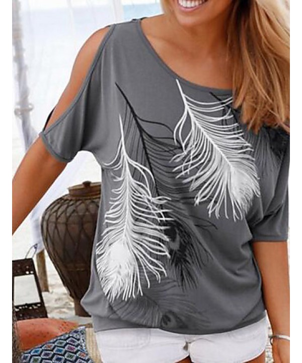 Women's Print Off-The-Shoulder All Match Hollow Out T-shirt,Round Neck Batwing Sleeve Short Sleeve