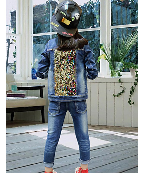 Girl's Cotton Spring/Autumn Casual Patchwork Paillette Cowboy Jacket Denim Coat And Jeans Pants Two-piece Set  