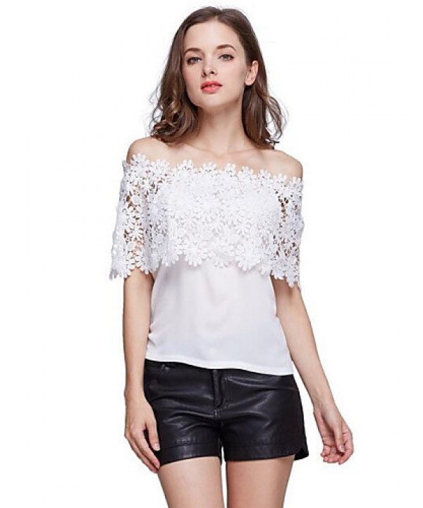Women's Patchwork Lace All Match Sexy Cut Out T-shirt,Boat Neck Short Sleeve