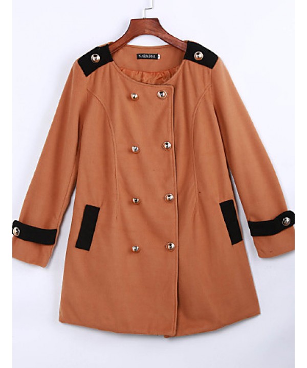 Women's Going out Street chic Coat,Color Block Round Neck Long Sleeve Winter Black / Brown Polyester Thick