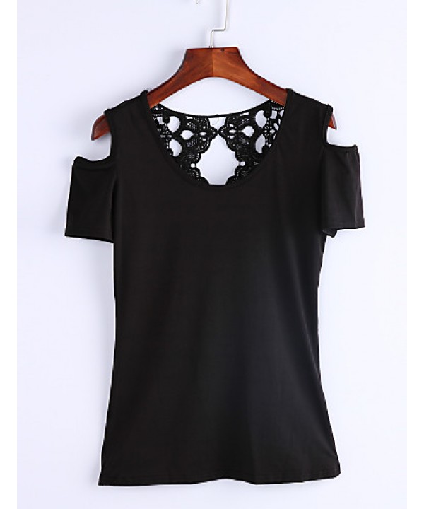 Women's Solid Patchwork Lace Hollow Out Off Shoulder All Match T-shirt,Round Neck Short Sleeve