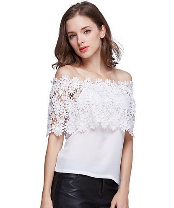 Women's Patchwork Lace All Match Sexy Cut Out T-shirt,Boat Neck Short Sleeve