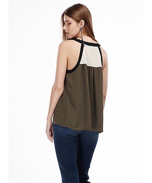 Women's Casual/Daily Simple Summer Tank Top,Patchwork Off Shoulder Sleeveless Green Polyester Thin