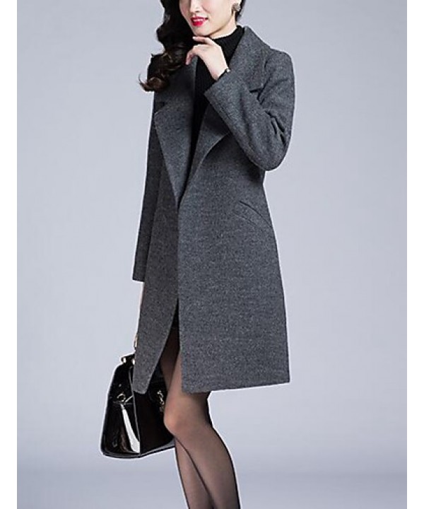 Women's Party/Cocktail / Plus Size Street chic Pea Coats,Solid Shirt Collar Long Sleeve Winter Gray Faux Fur / Cotton Thick