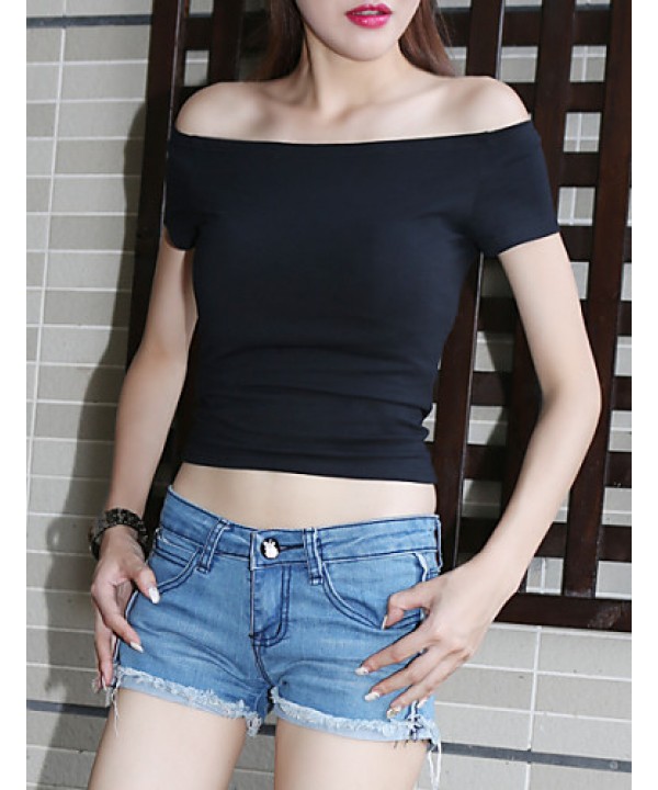 Women's Sexy/Casual Micro-elastic Short Sleeve Bateau Bare Midriff Short T-shirt (Cotton/Spandex)