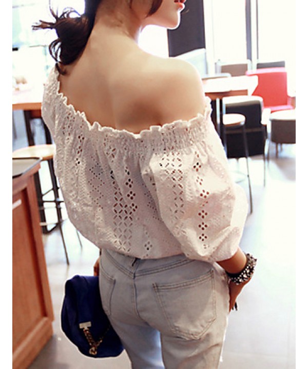 Women's Going out Sexy / Street chic Summer Blouse,Solid Boat Neck ? Length Sleeve White Rayon / Polyester Translucent