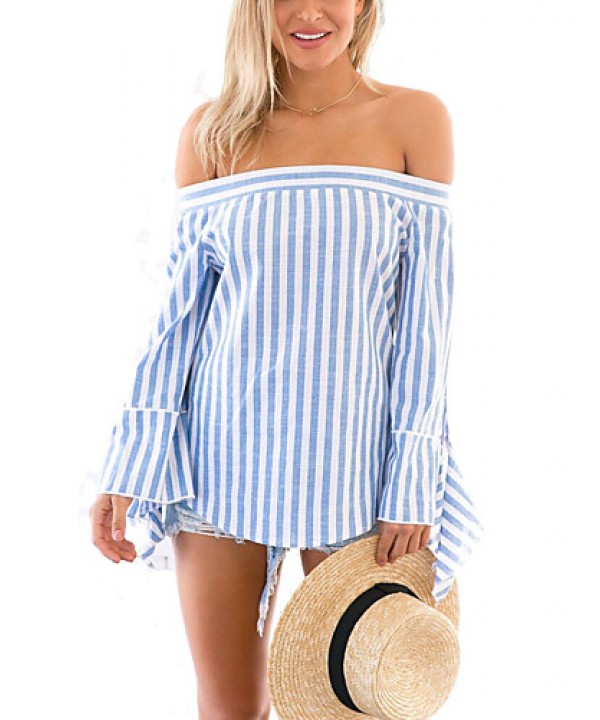 Women's Going out Sexy Summer Blouse,Striped Boat Neck Long Sleeve Blue Cotton / Polyester Thin
