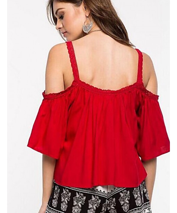 Women's Solid Backless Loose Off-The-Shoulder Fashion Lace Patchwork T-shirt,Strap Short Sleeve