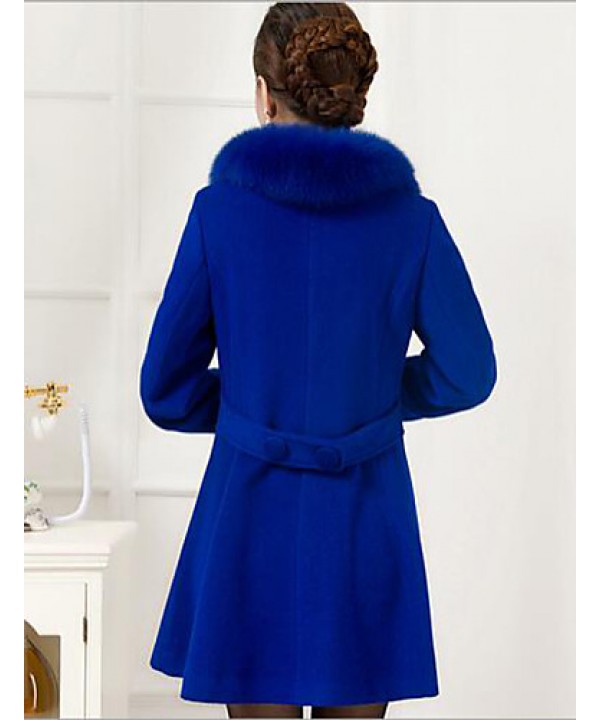 Women's Plus Size Coat,Solid Shirt Collar Long Sleeve Winter Blue / Black Wool / Others Thick