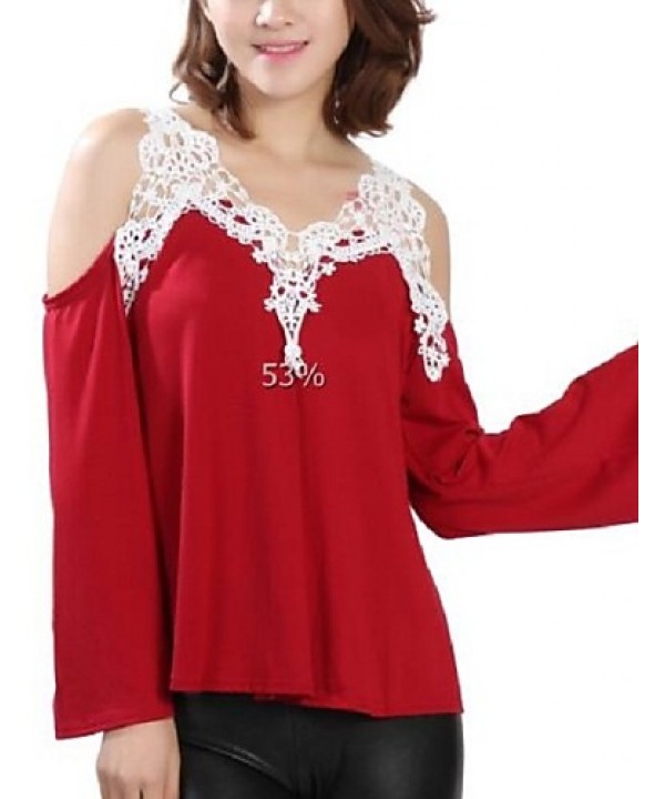 Women's Patchwork Lace Strap Off-The-Shoulder All Match Loose Casual V Neck Long Sleeve Plus Size T-shirt