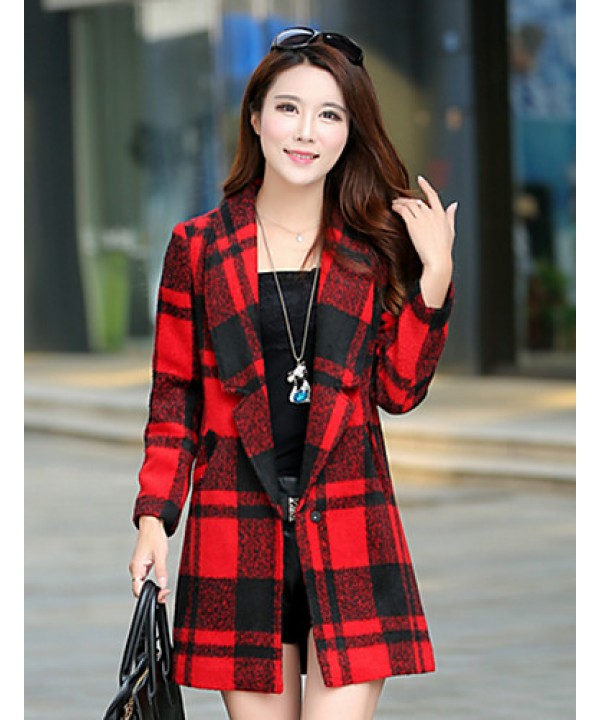 Women's Casual/Daily Simple Coat,Print Shirt Collar Long Sleeve Winter Blue / Red / Black Acrylic Thick