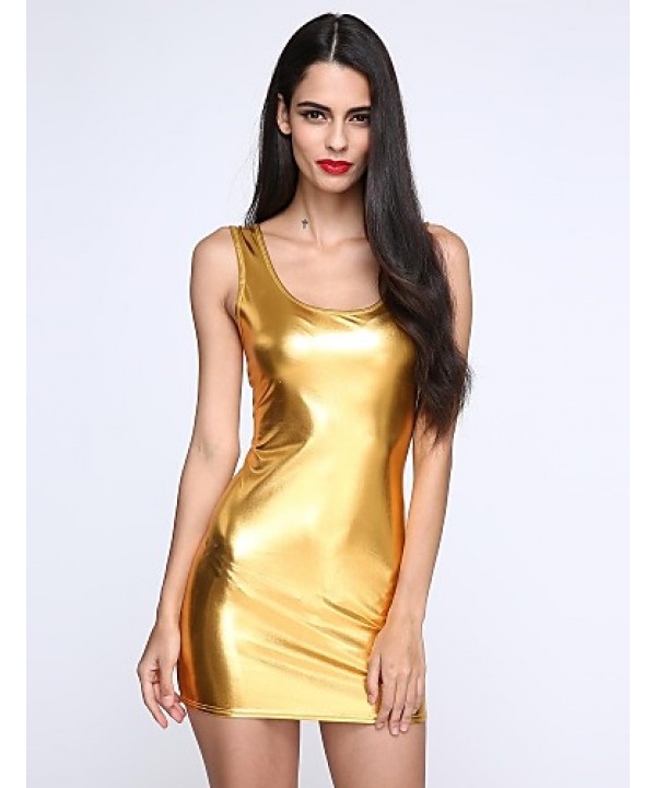Women's Deep U Mini Dress , PU Black/Gold/Sil...