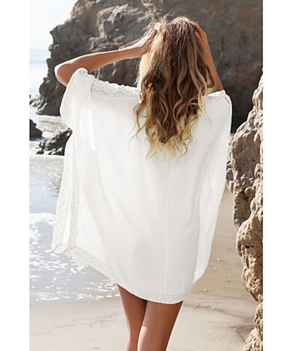 Women's Beach Simple Loose Dress,Solid V Neck Mini ? Sleeve White Cotton Summer