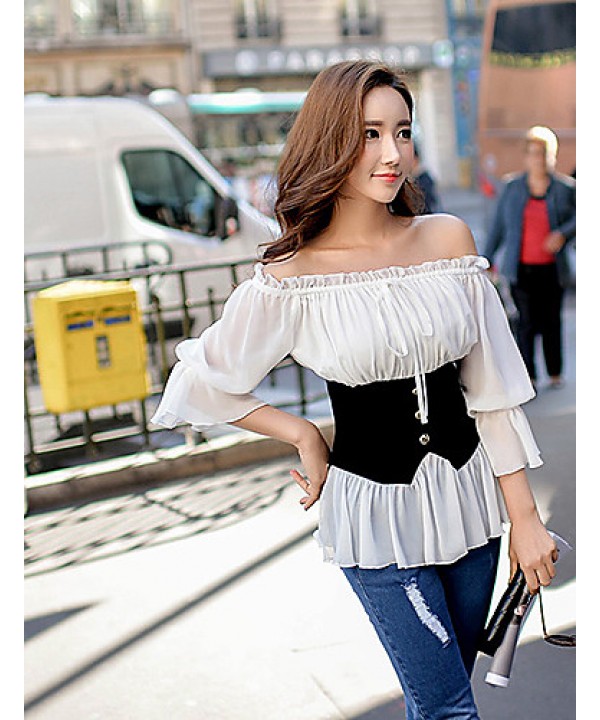 Women's 2016 New Spring Tops Color Block White Shirt , Boat Neck ? Length Sleeve,Lady's Off-The ShoulderTop