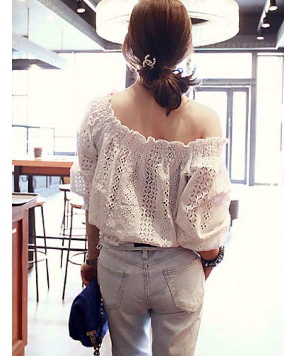 Women's Going out Sexy / Street chic Summer Blouse,Solid Boat Neck ? Length Sleeve White Rayon / Polyester Translucent
