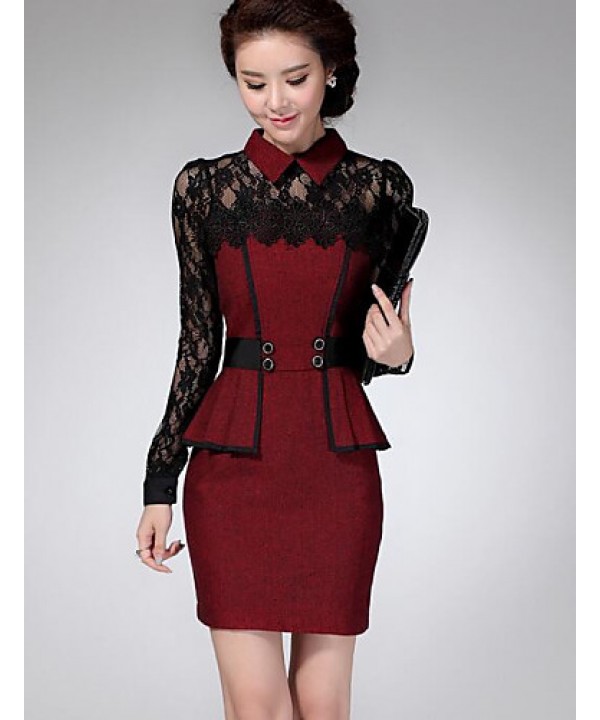 Women's Patchwork Red / Gray Lace Hin Thin Slim Temperament Dress , Work / Plus Sizes Shirt Collar Long Sleeve