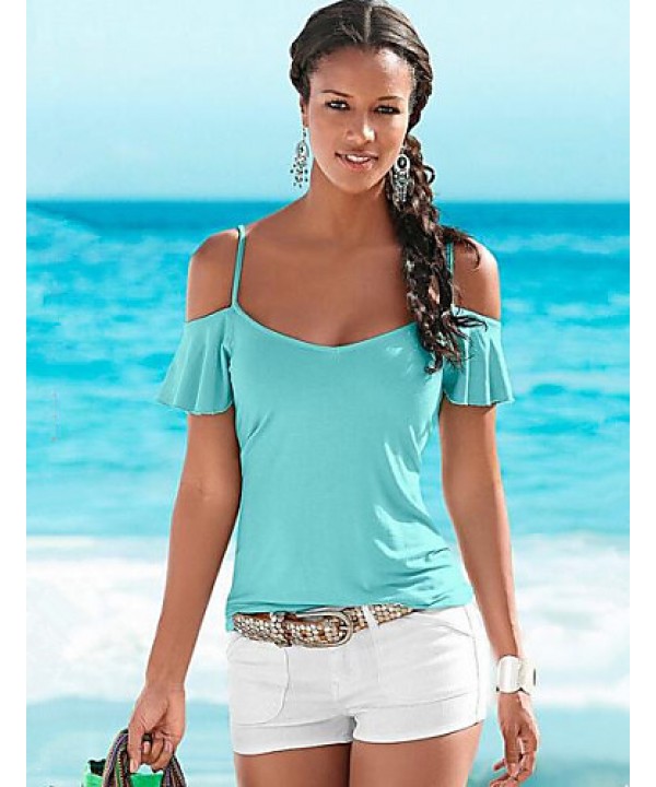 Women's Solid Off-The-Shoulder All Match Elegance Casual T-shirt,Strap Short Sleeve