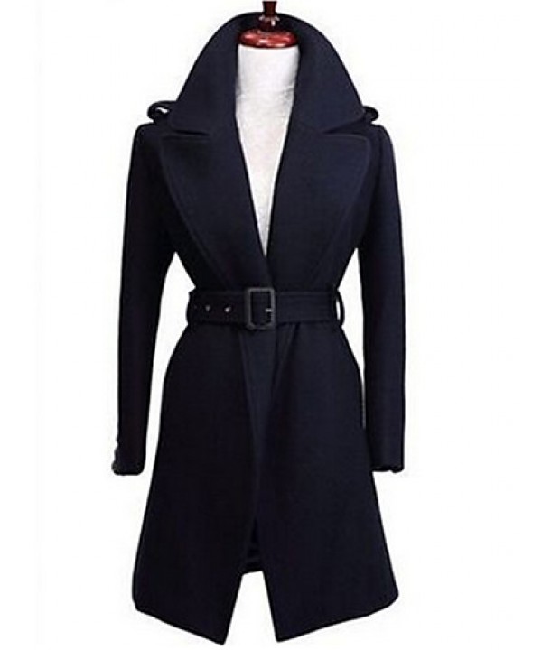 Women's Formal Simple Coat,Solid Shirt Collar Long Sleeve Winter Blue / Black Wool Thick