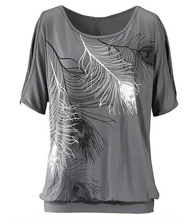 Women's Print Off-The-Shoulder All Match Hollow Out T-shirt,Round Neck Batwing Sleeve Short Sleeve
