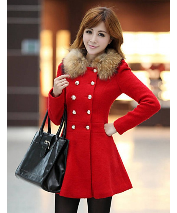 Women's Vintage Coat,Solid Shirt Collar Long Sleeve Winter Red / Black / Orange Wool / Others Thick