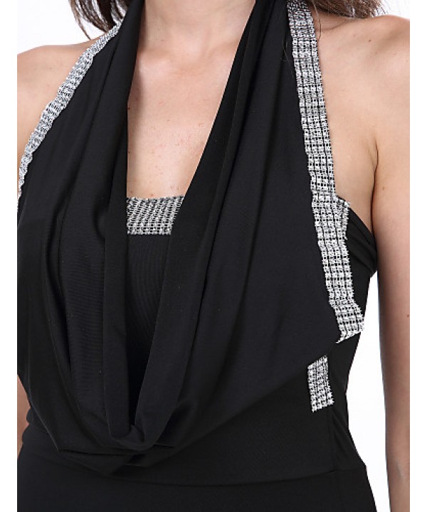 Women's Black/Fuchsia Plus Size Mini Dress, A-line Halter Cotton/Spandex