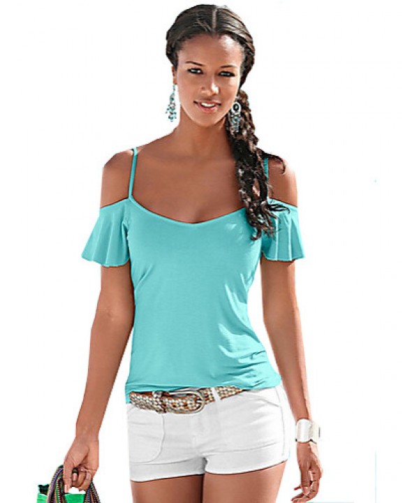 Women's Solid Off-The-Shoulder All Match Elegance Casual T-shirt,Strap Short Sleeve