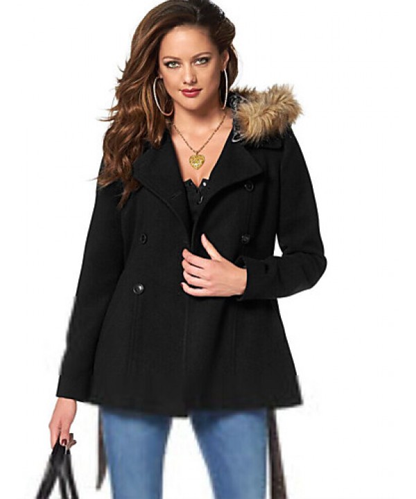 Women's Casual/Daily Vintage Coat,Solid Hooded Long Sleeve Winter Black Rayon Opaque